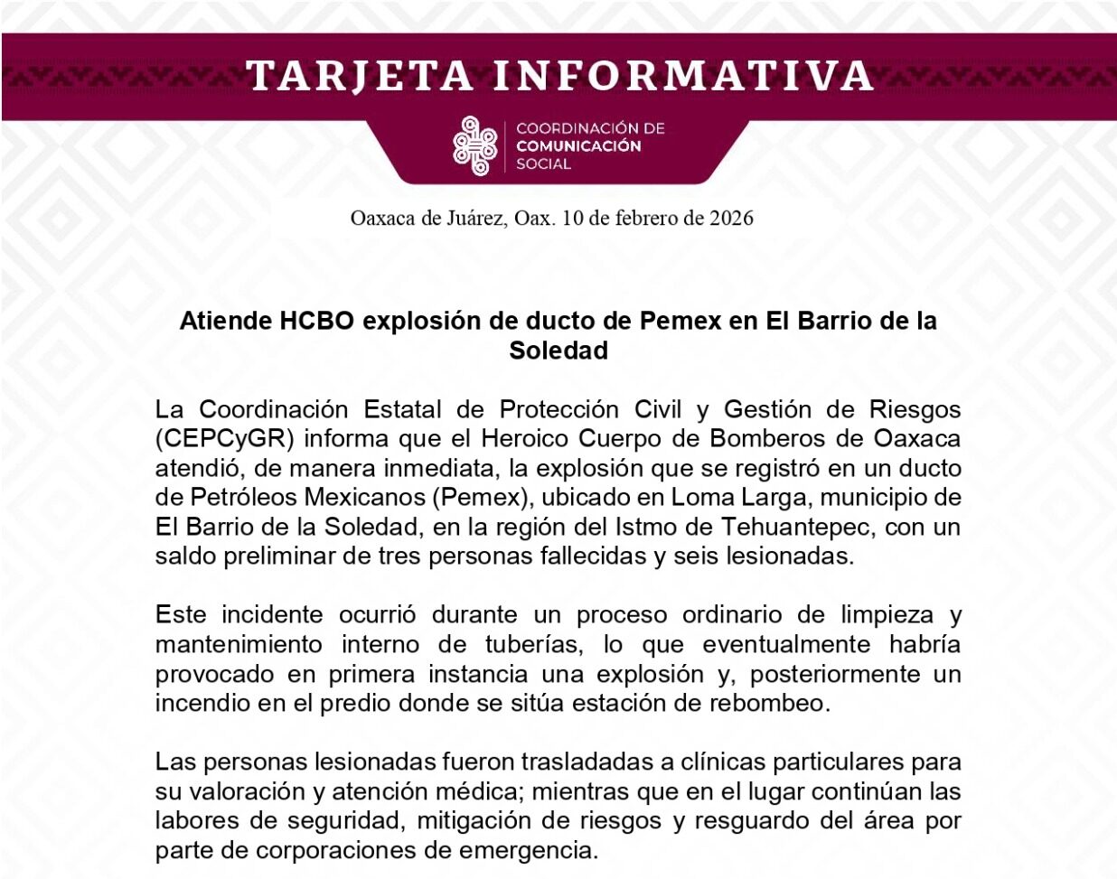 Atiende HCBO explosión de ducto de Pemex en El Barrio de la Soledad