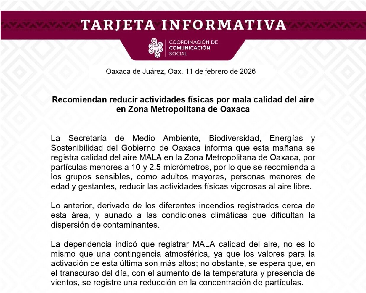 Recomiendan reducir actividades físicas por mala calidad del aire en Zona Metropolitana de Oaxaca