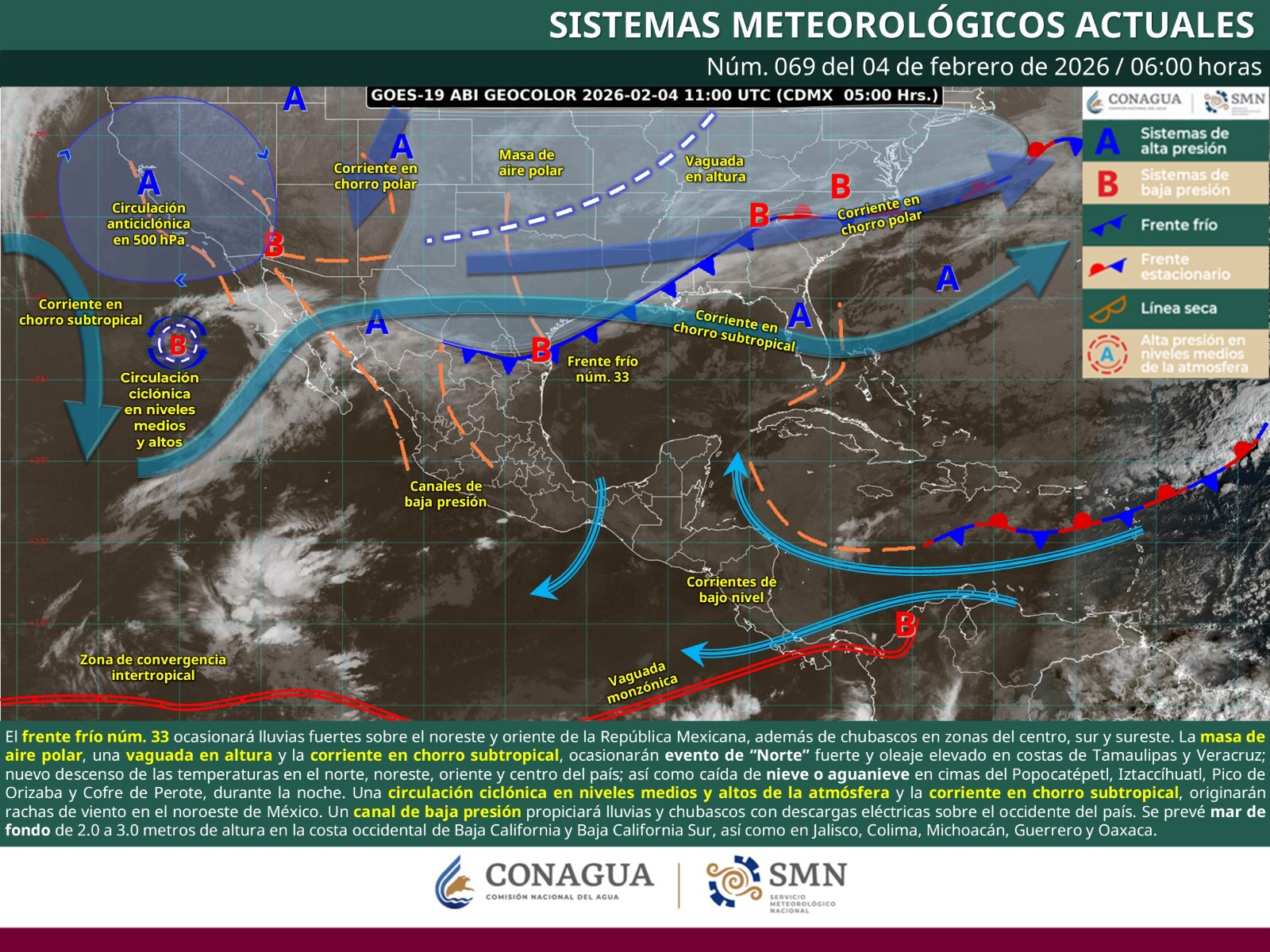 Avance del frente frío número 33 provocará lluvias, oleaje elevado y bajas temperaturas: Protección Civil