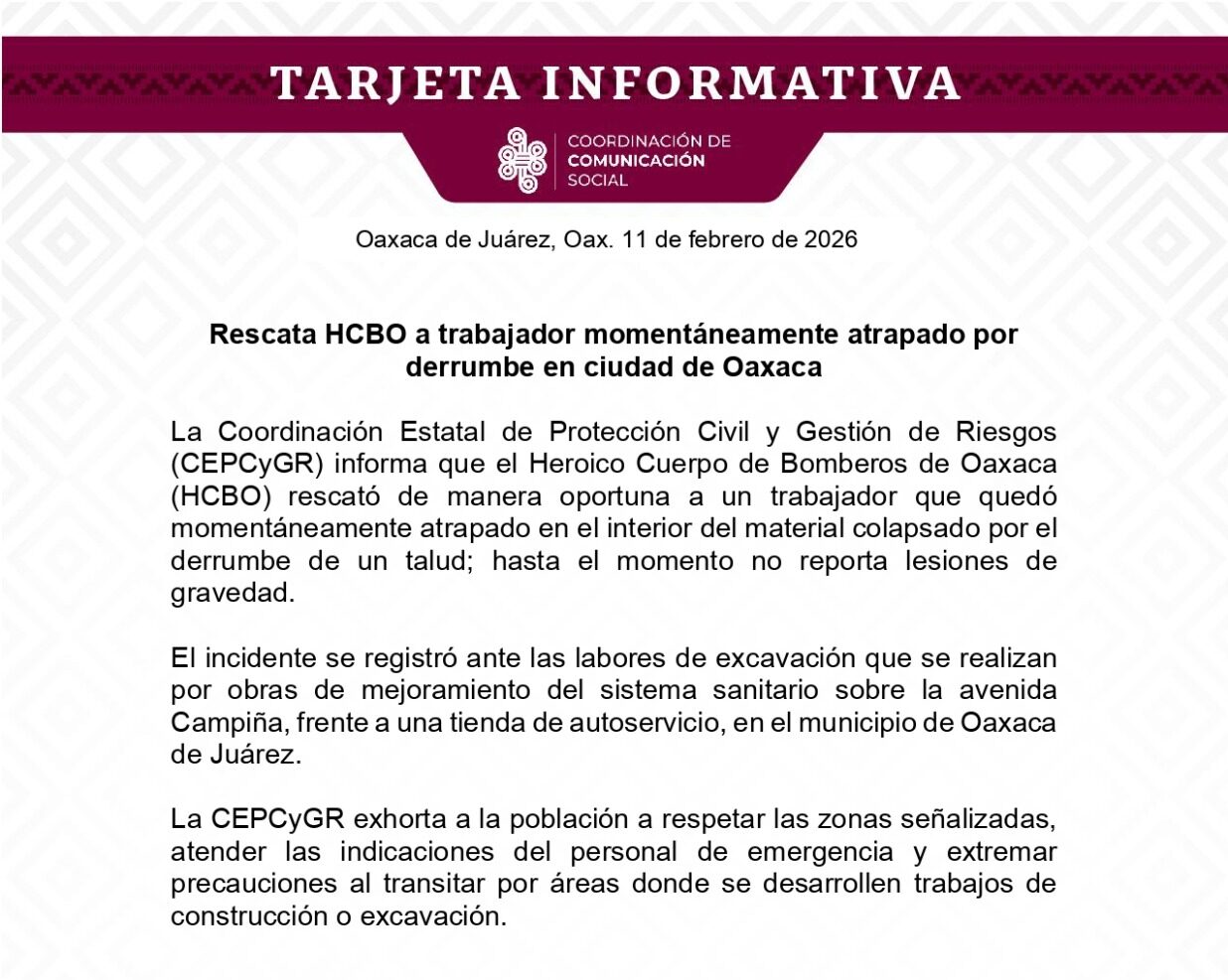 Rescata HCBO a trabajador momentáneamente atrapado por derrumbe en ciudad de Oaxaca