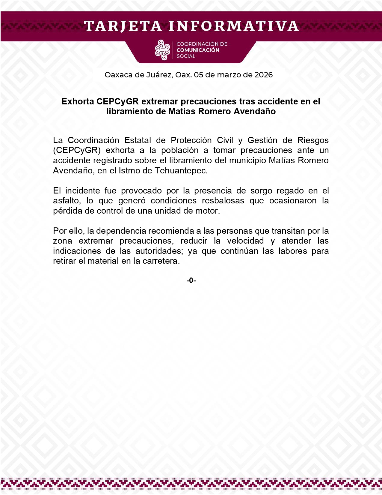 Exhorta CEPCyGR extremar precauciones tras accidente en el libramiento de Matías Romero Avendaño