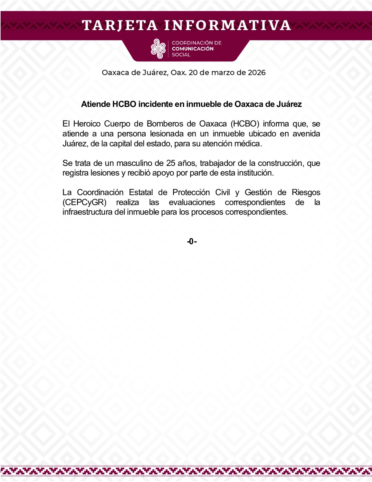 Atiende HCBO incidente en inmueble de Oaxaca de Juárez