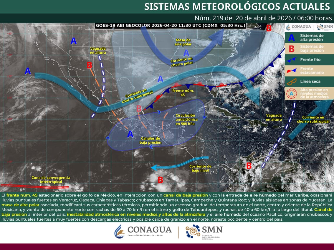 Se mantendrán lluvias y vientos intensos por frente frío 45