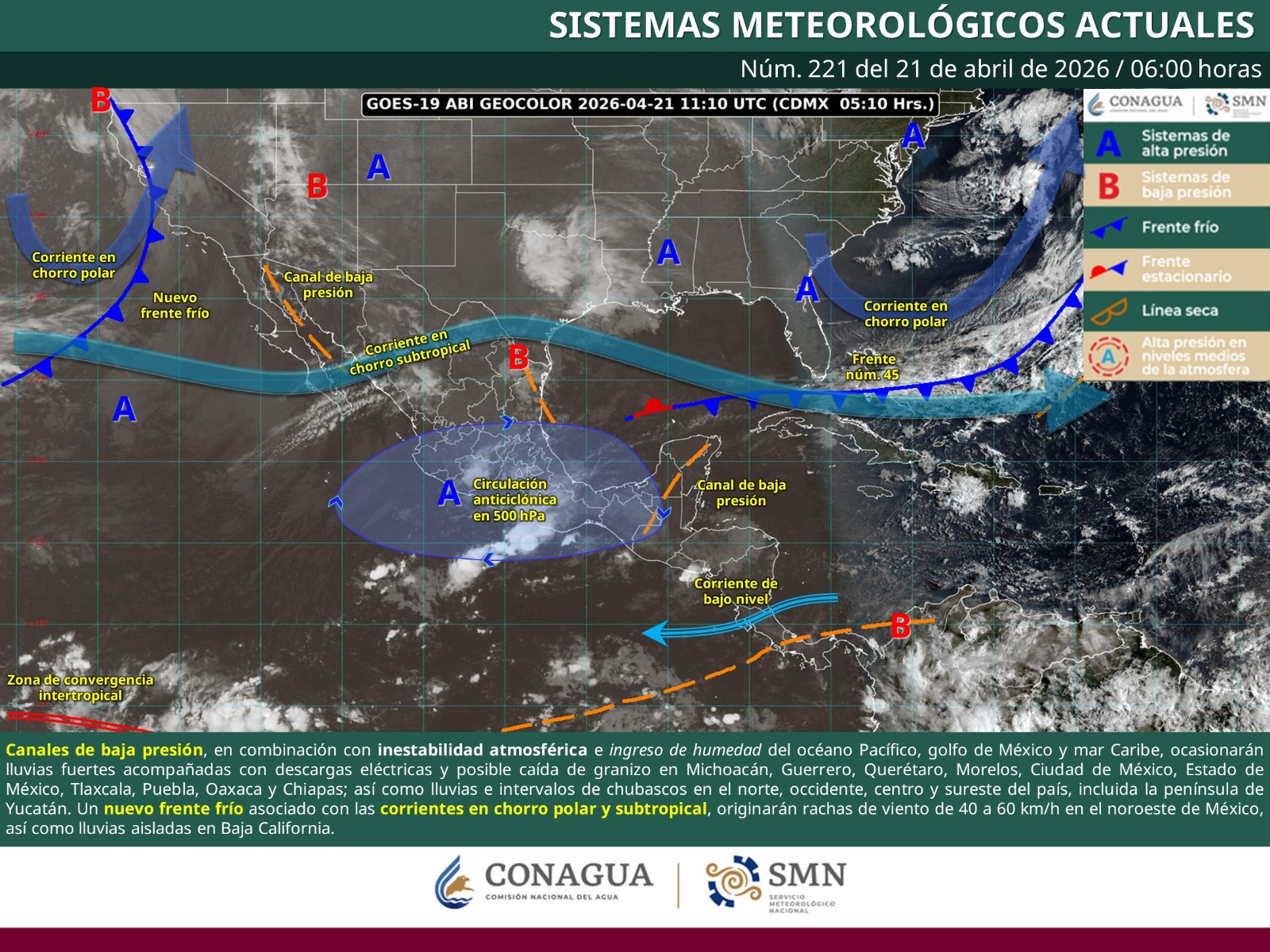 Se pronostican aguaceros acompañados de tormentas eléctricas, rachas de viento y posible caída de granizo en la Sierra Sur y Mixteca