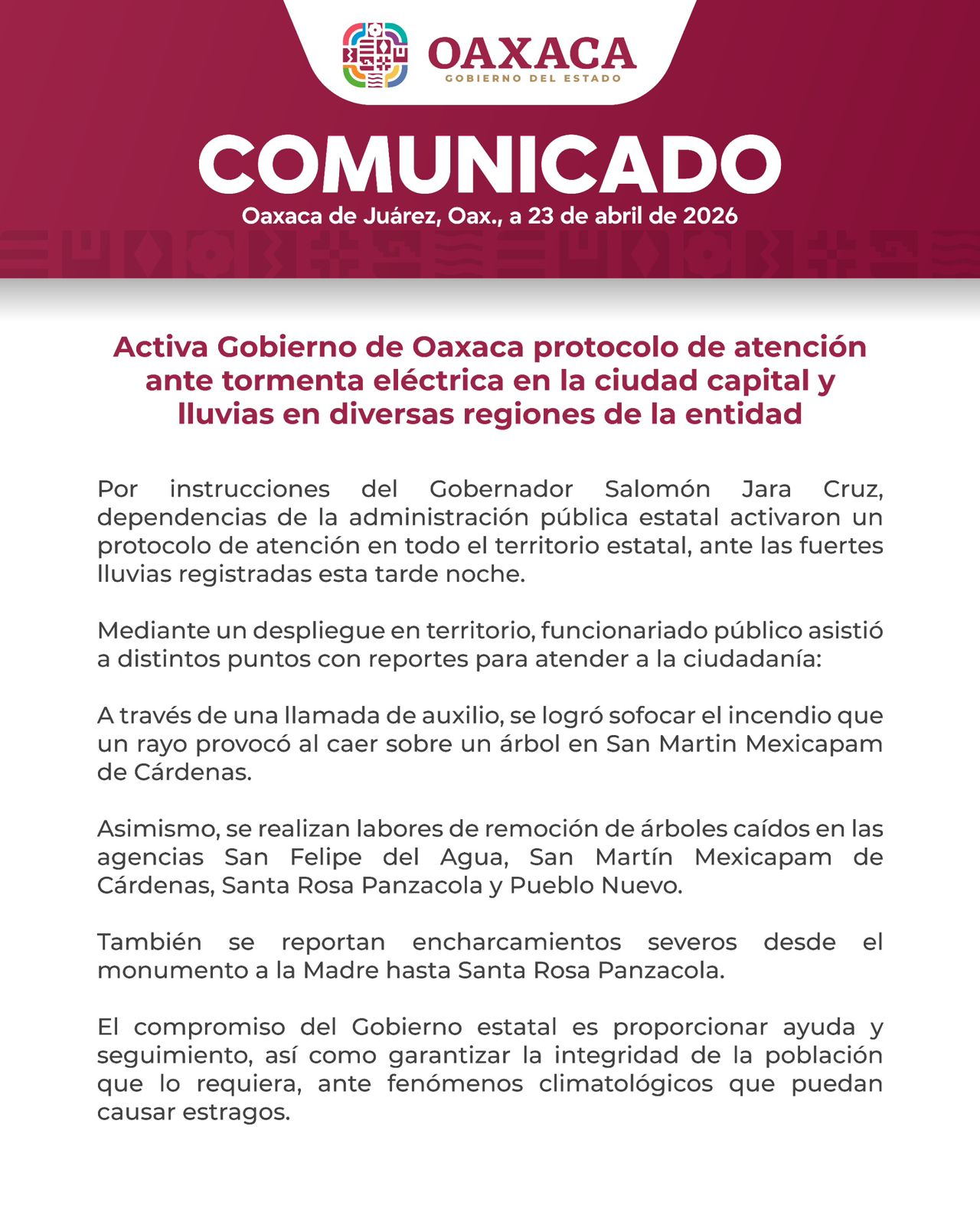 Activa Gobierno de Oaxaca protocolo de atención ante tormenta eléctrica en la ciudad capital y lluvias en diversas regiones de la entidad