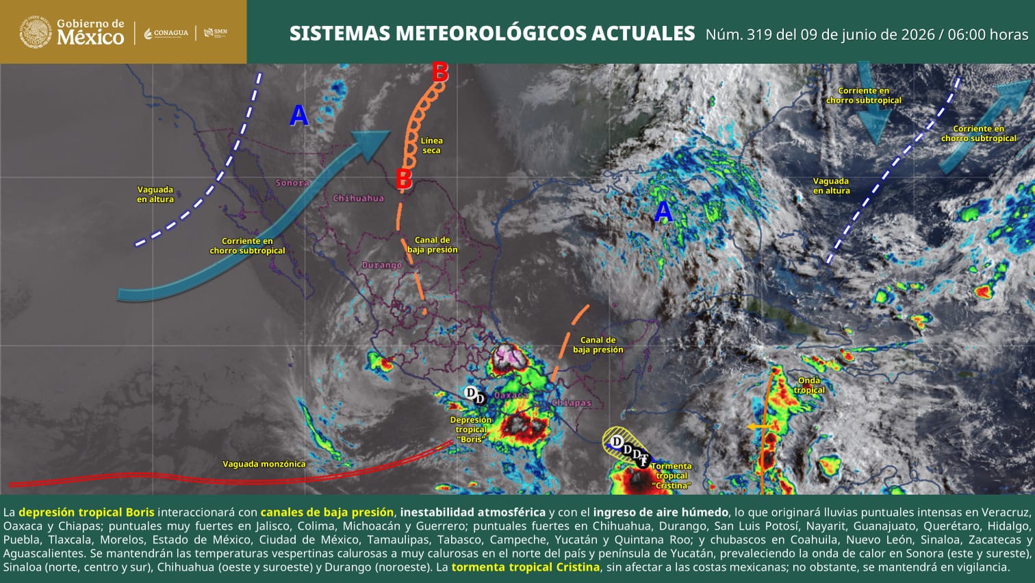 “Boris” favorecerá lluvias fuertes a intensas y condiciones adversas en la costa oaxaqueña