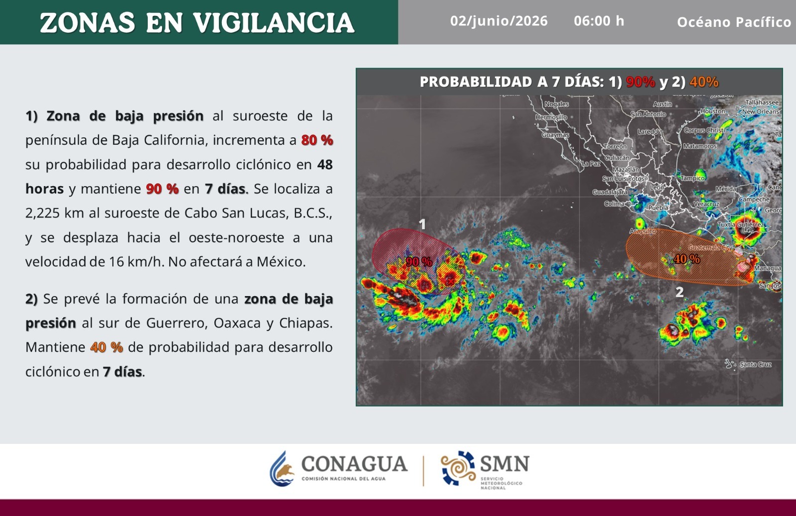 Mantiene Protección Civil vigilancia meteorológica por sistemas en el Océano Pacífico