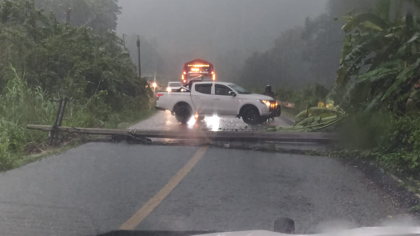 Caída de poste de energía eléctrica interrumpe la circulación vehicular en la carretera federal 175 a la altura de Santa María Jacatepec
