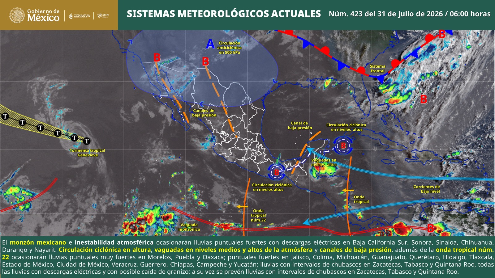 Remanentes de la onda tropical número 22 mantendrán condiciones de lluvia en Oaxaca