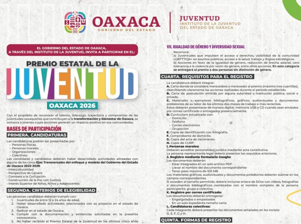 Presenta Gobierno de Oaxaca convocatoria para el Premio Estatal de la Juventud 2026
