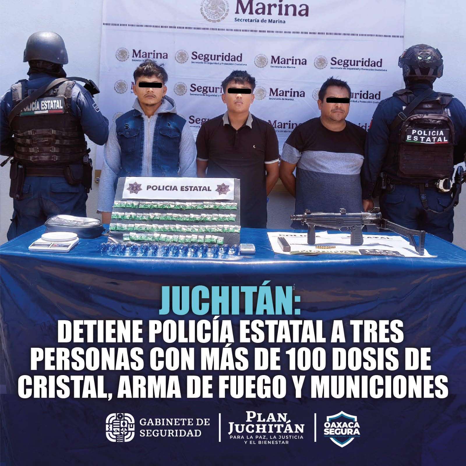 Detiene SSPC a tres personas y asegura presuntas drogas y un arma de fuego en Juchitán