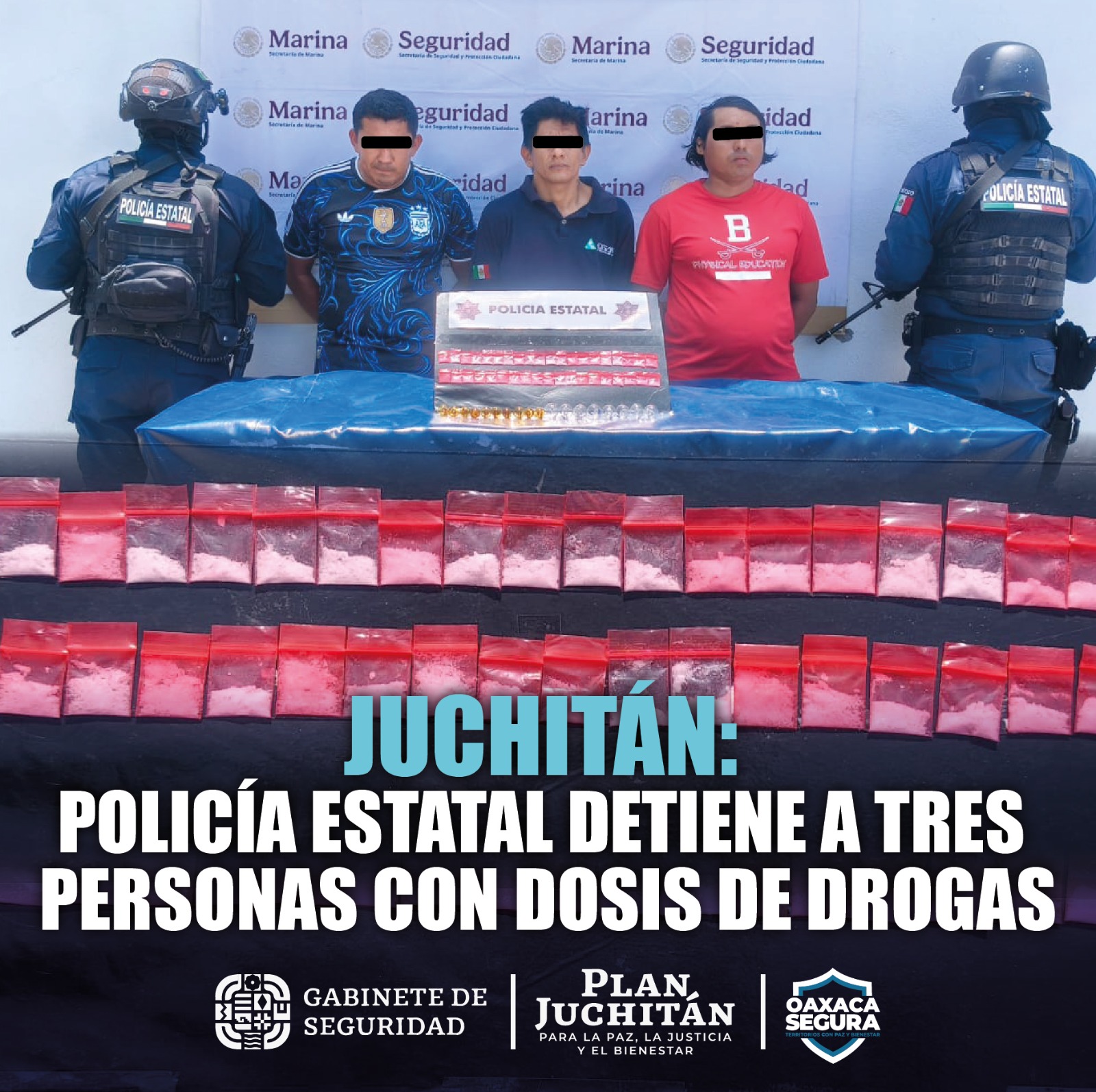 Detiene Policía Estatal a tres personas con presuntas drogas en Juchitán