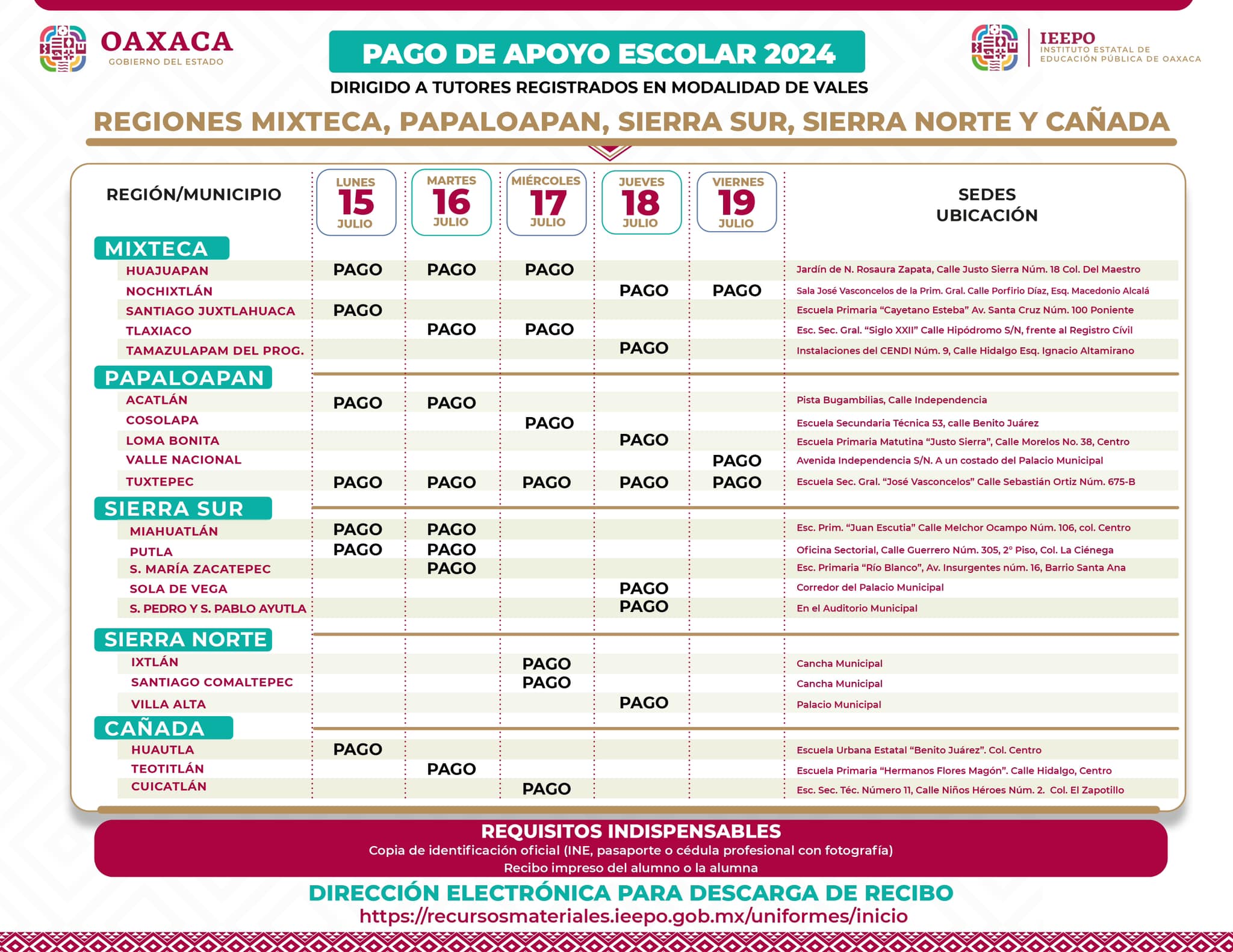 CALENDARIO 15 al 19 de JULIO