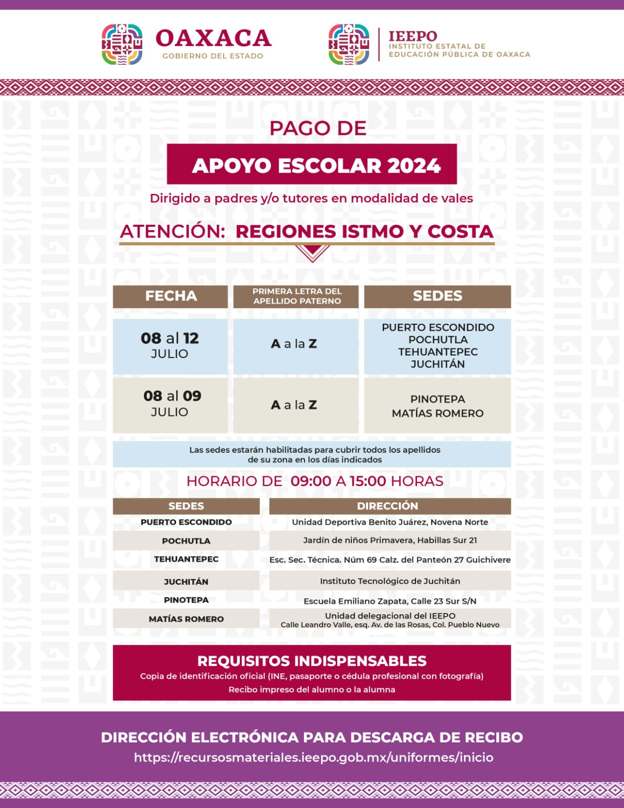 Calendario Istmo y Costa apoyo uniformes
