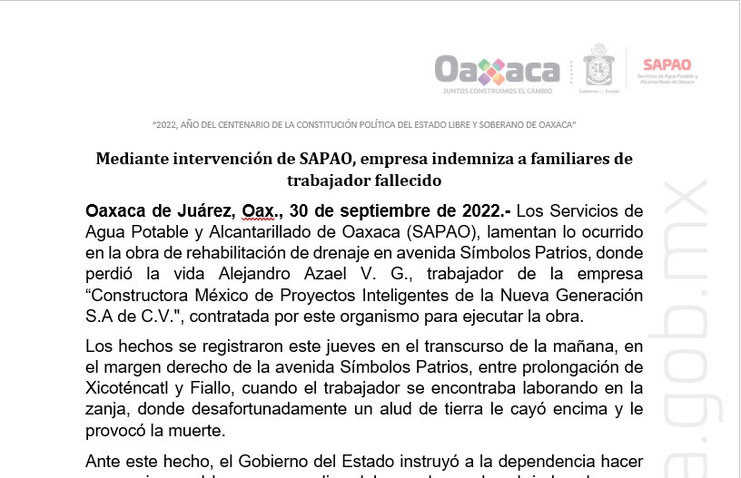 Mediante intervención de SAPAO, empresa indemniza a familiares de trabajador fallecido
