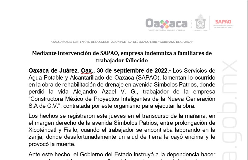 Mediante intervención de SAPAO, empresa indemniza a familiares de trabajador fallecido Mediante intervención de SAPAO, empresa indemniza a familiares de trabajador fallecido