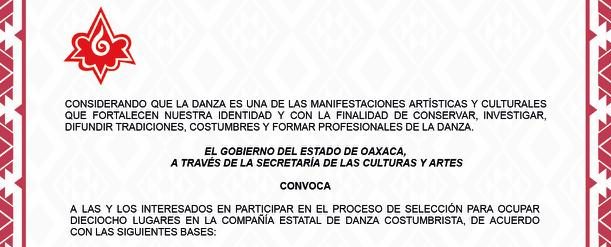 PROCESO DE SELECCIÓN PARA OCUPAR DIECIOCHO LUGARES EN LA COMPAÑÍA ESTATAL DE DANZA COSTUMBRISTA