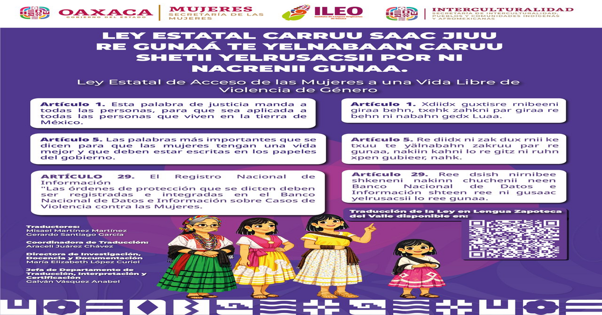 Ley de acceso de las Mujeres traducido al zapoteco